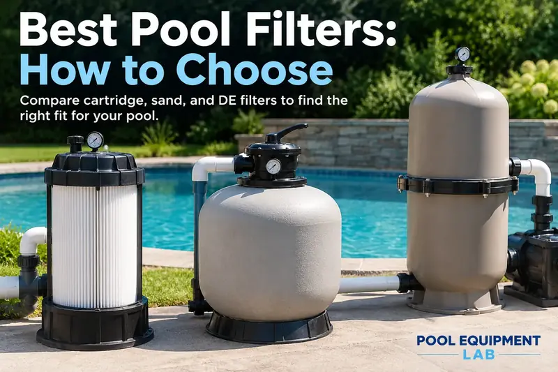 Cartridge, sand, and DE pool filters beside a swimming pool
