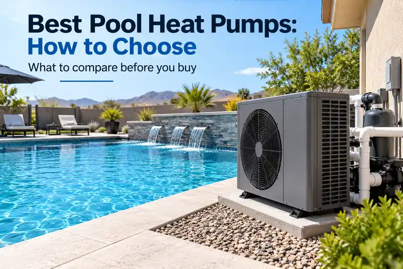 Pool heat pump installed beside an outdoor swimming pool