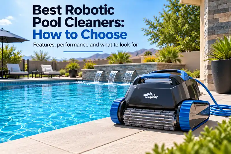 Robotic pool cleaner beside a residential swimming pool