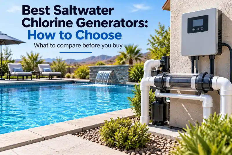 Saltwater chlorine generator installed beside a residential swimming pool