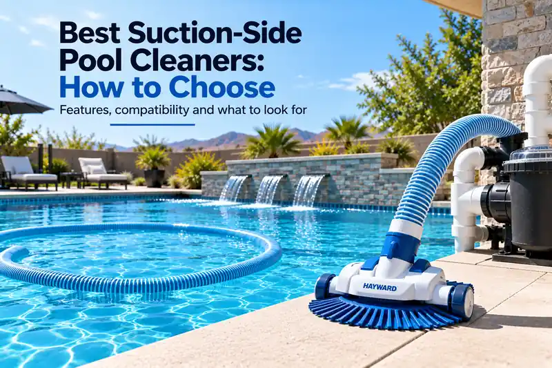 Suction-side pool cleaner with hose beside a residential swimming pool