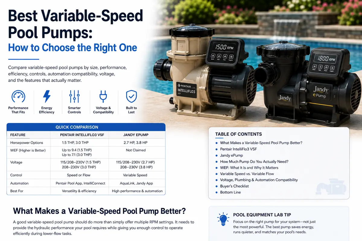 Variable-speed pool pumps compared beside a swimming pool for performance, efficiency, controls, voltage, and automation compatibility