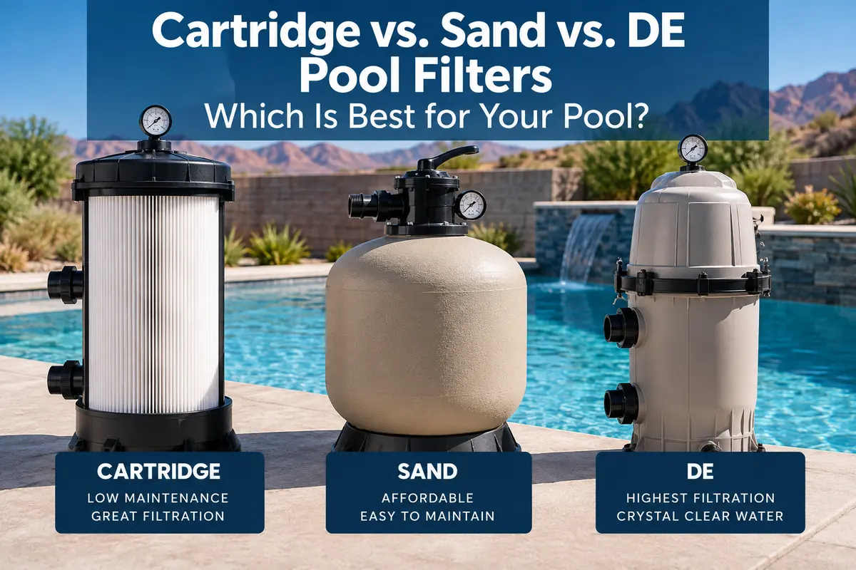 Cartridge, sand, and DE pool filters compared beside a swimming pool