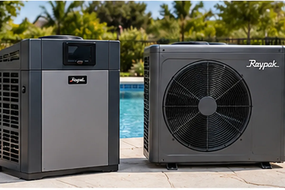 Gas pool heater and electric heat pump beside a backyard swimming pool