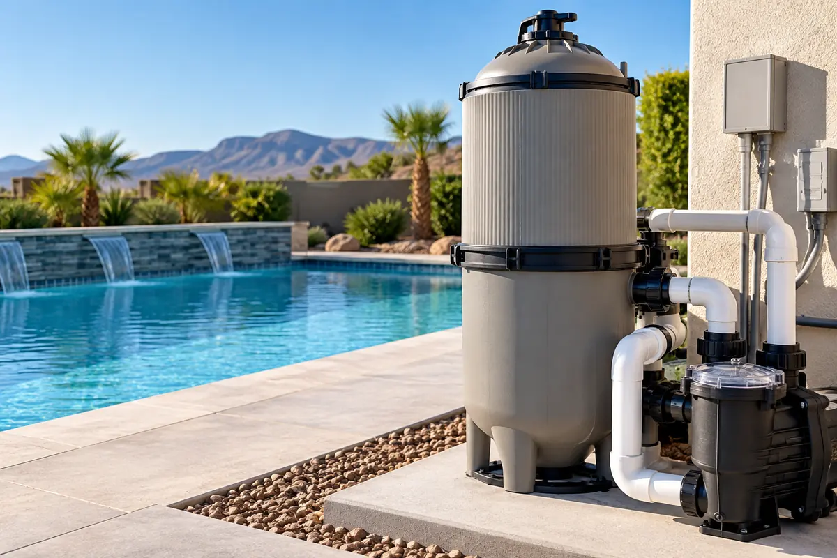 Cartridge pool filter and pump equipment installed beside a backyard swimming pool