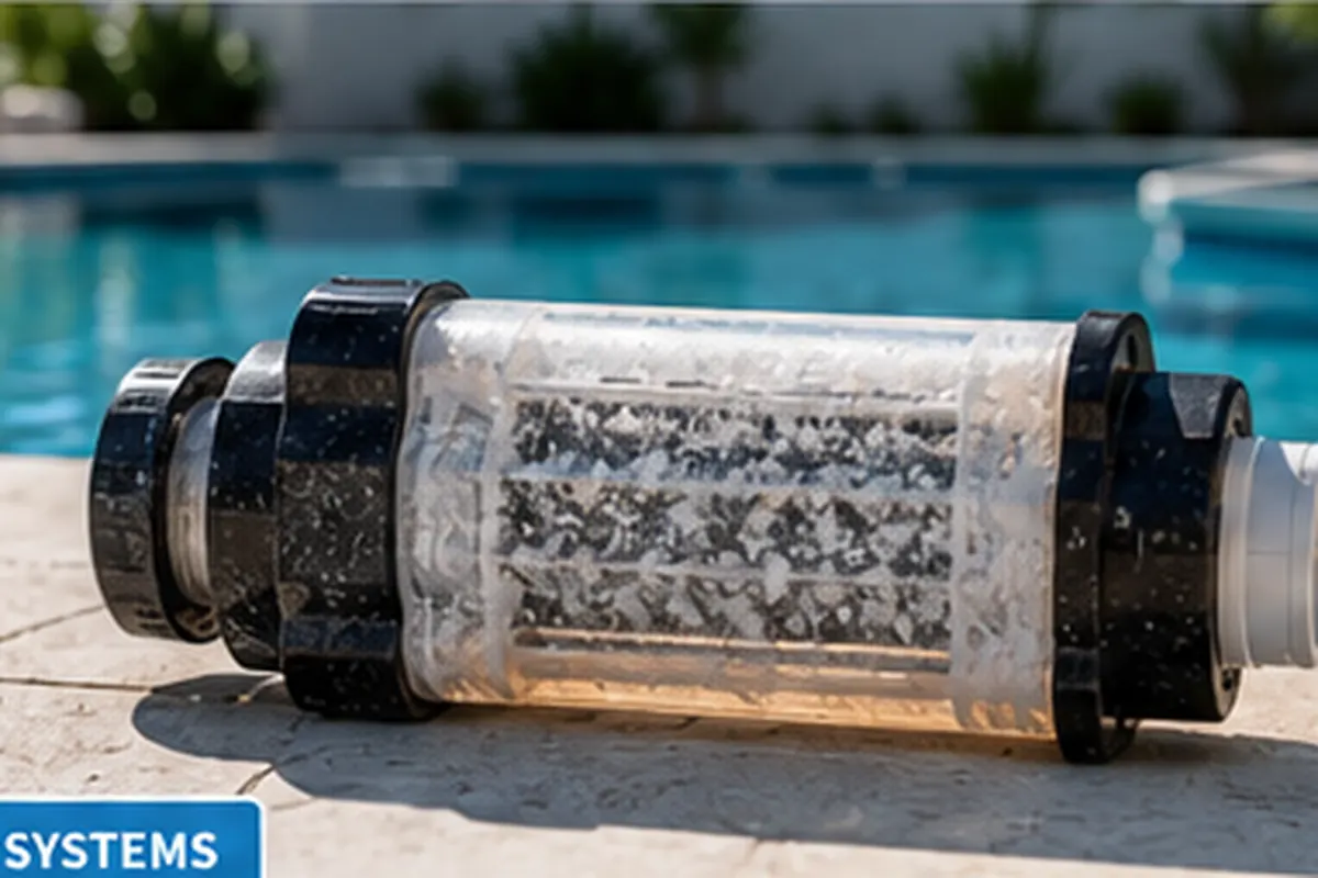 Used salt chlorine generator cell showing mineral buildup beside a swimming pool