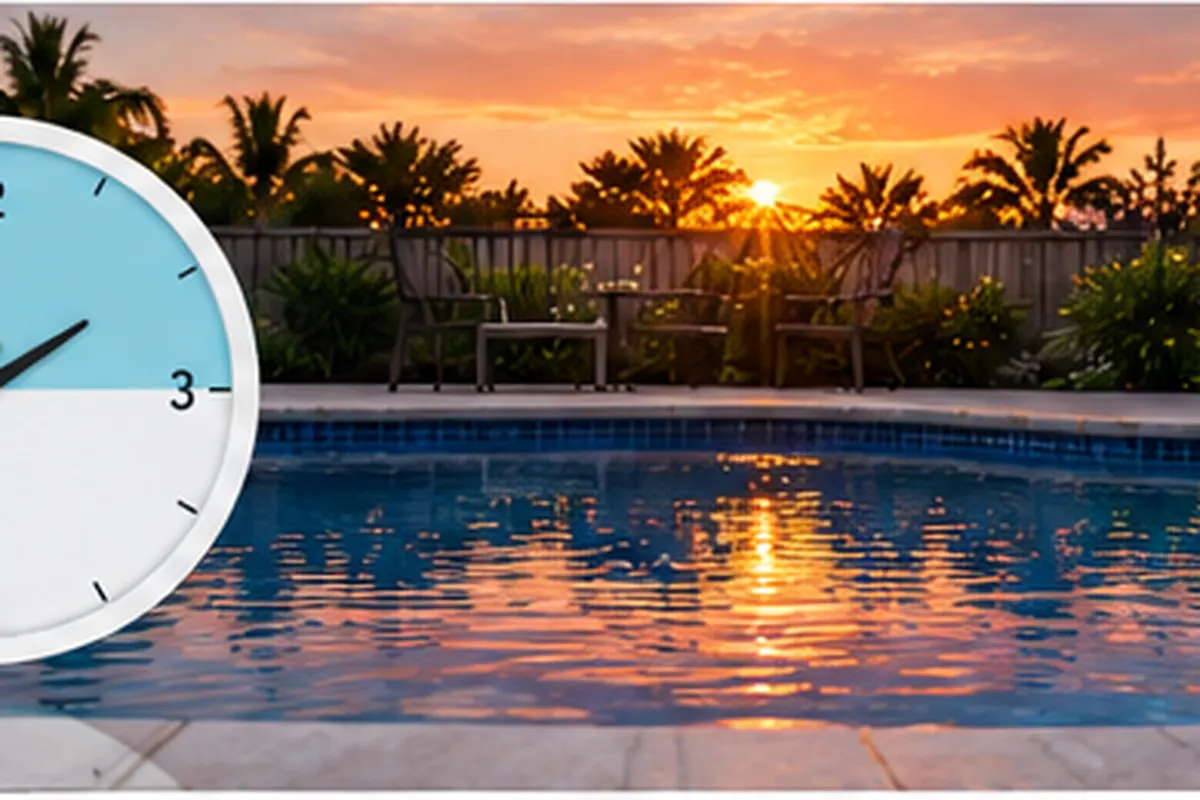 Swimming pool at sunset illustrating pool heating time