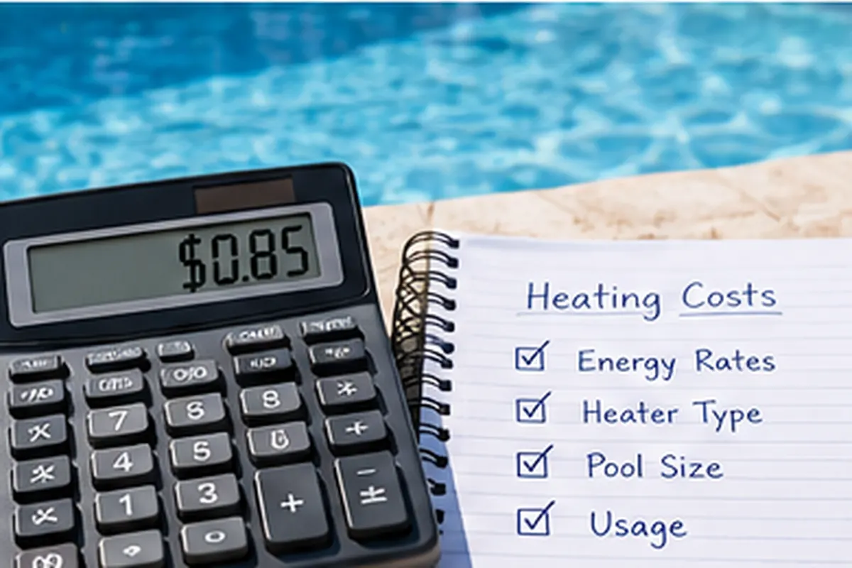 Calculator used to estimate swimming pool heating costs beside a pool
