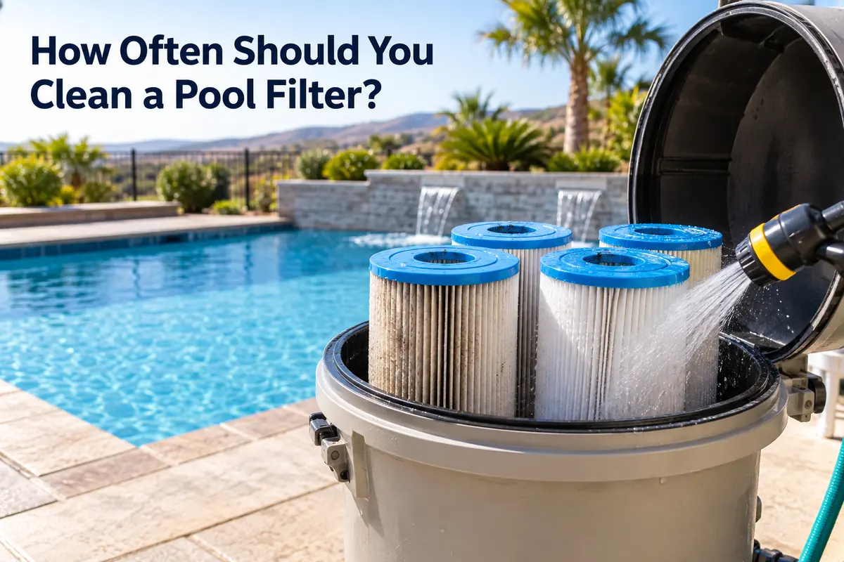 Dirty pool filter cartridges being rinsed beside a swimming pool