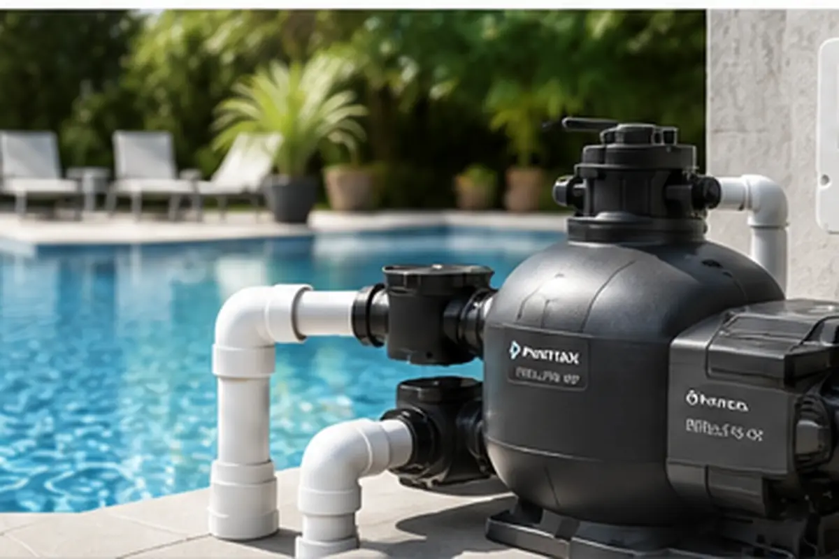 Variable-speed pool pump and filtration equipment installed beside a swimming pool