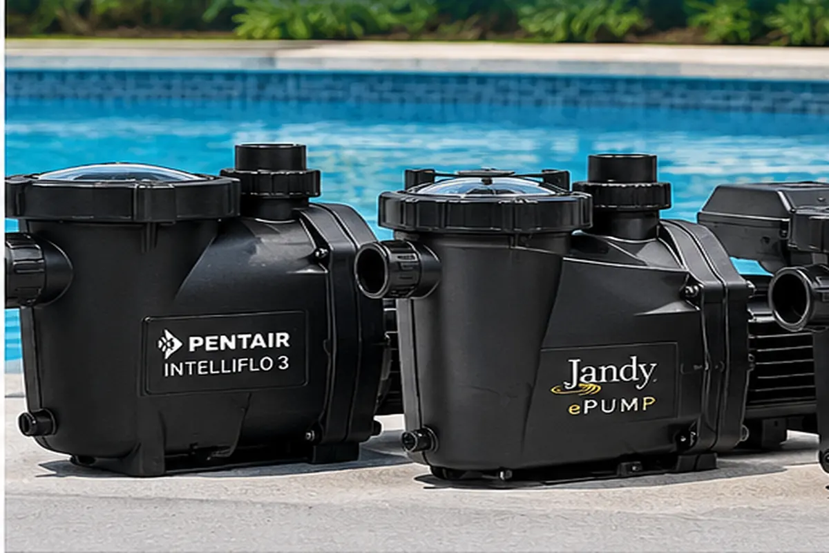 Variable-speed pool pumps compared beside a swimming pool for Pentair IntelliFlo3 vs Jandy ePump comparison