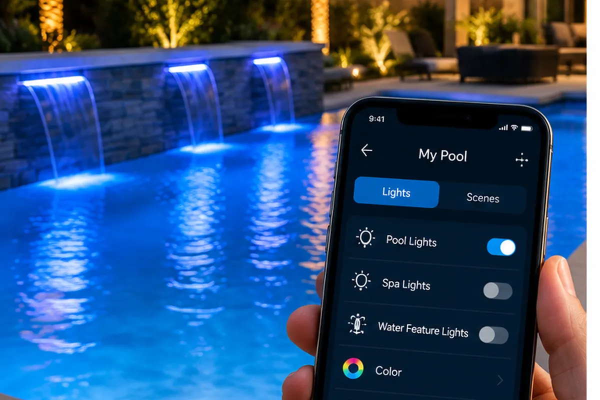 Swimming pool lighting controlled by an automated pool control system