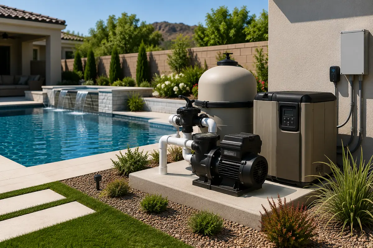 Modern swimming pool with pool pump, filter, heater, plumbing, and control equipment