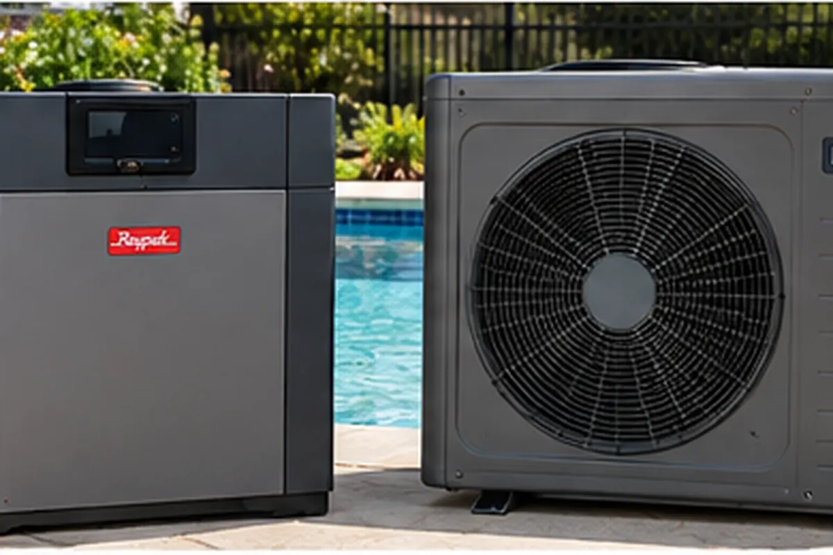 Pool heat pump and gas heater equipment compared beside a swimming pool