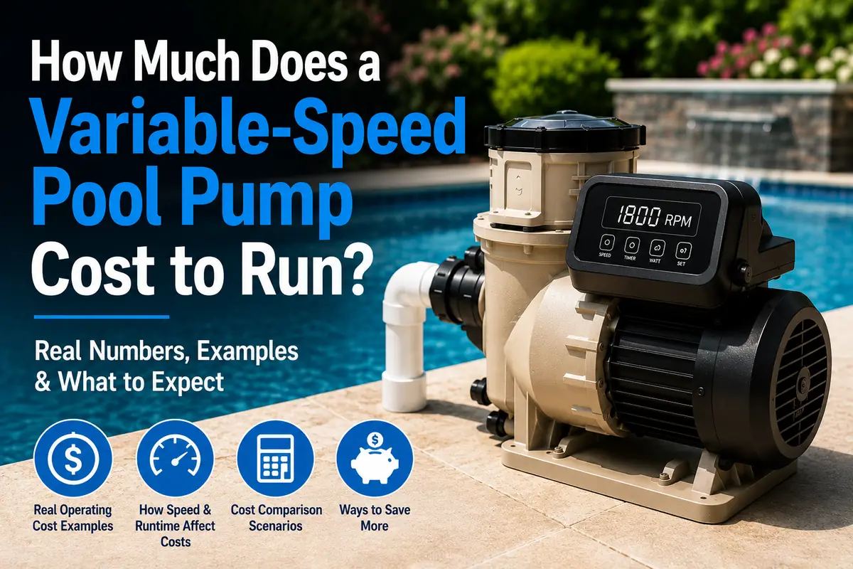 Variable-speed pool pump beside a swimming pool illustrating operating costs, speed, runtime, and energy savings