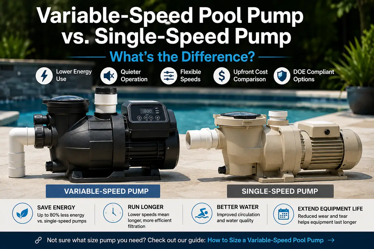 Variable-speed and single-speed pool pumps compared beside a swimming pool