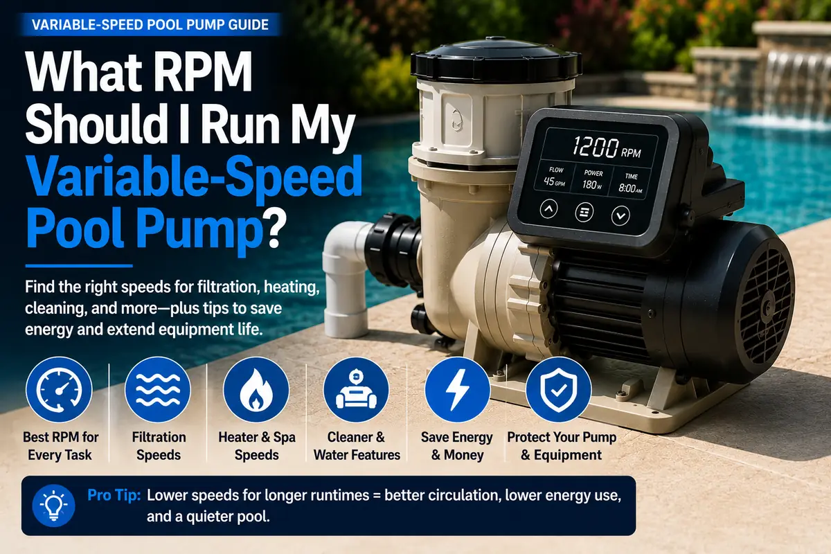 Variable-speed pool pump running beside a swimming pool with adjustable RPM controls