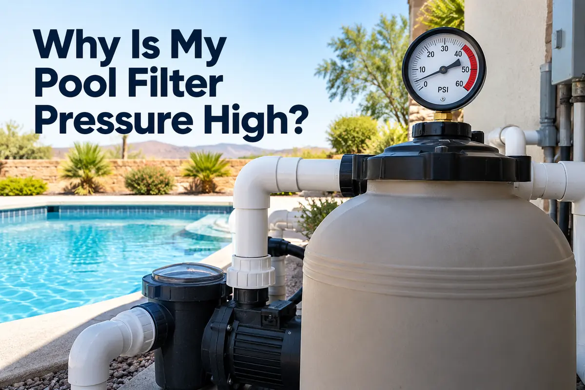 Pool filter pressure gauge showing high pressure beside a swimming pool